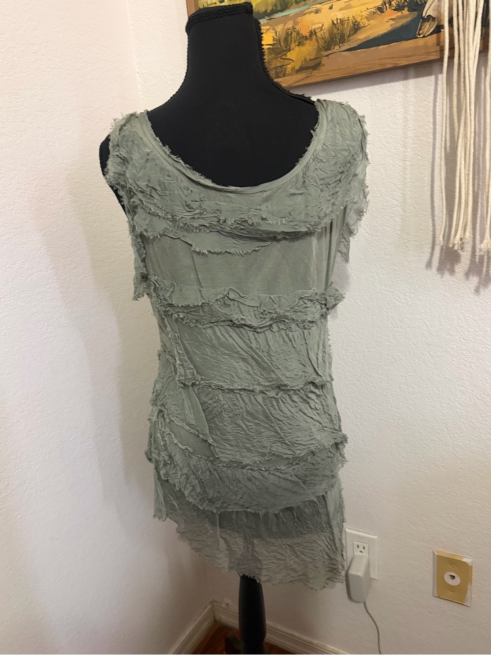 Meo Meli Layered Ruffle Sleeveless Italian Silk Tunic - Sage Green - Picture 2 of 7